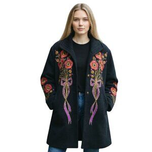 Bob Mackie Wearable Art Black Floral Embroidered Button-Up Soft Fluffy Coat 1X